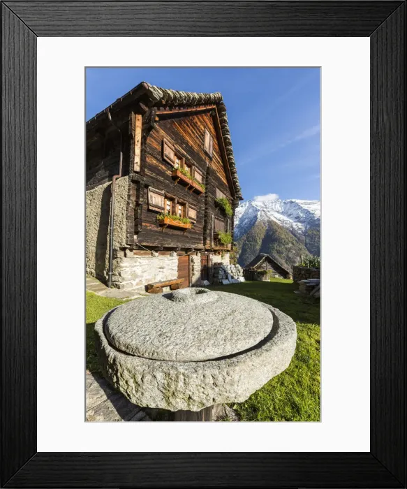 Framed Print : Wood facade of walser house with the Alps in background, Salecchio, Val Formazza Framed Print : Wood facade of walser house with the Alps in background, Salecchio, Val Formazza