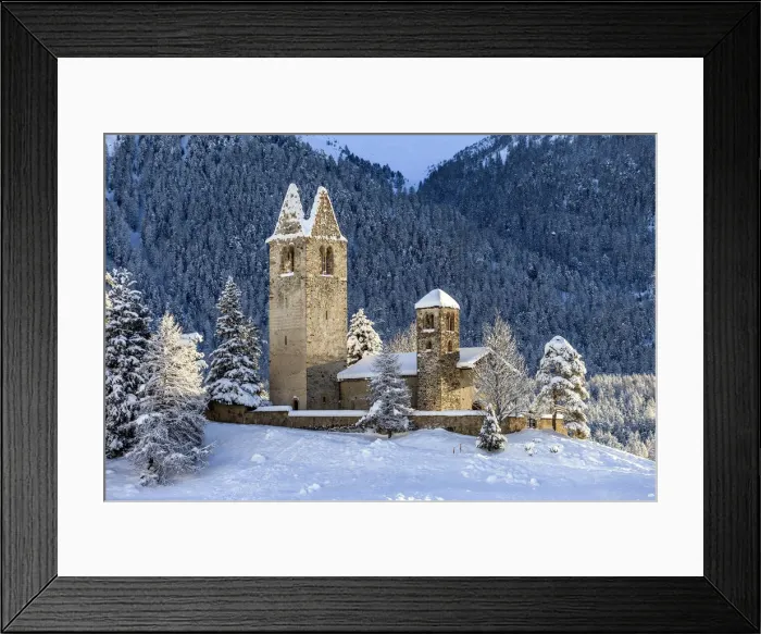 Framed Print : Church of San Gian surrounded by snowy woods, Celerina, Engadine, canton of Graubunden Framed Print : Church of San Gian surrounded by snowy woods, Celerina, Engadine, canton of Graubunden