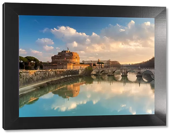Panoramic of Castel Sant Angelo and river Tiber at sunrise, Rome, Lazio, Italy