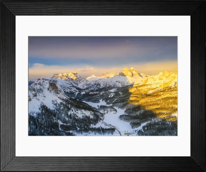 Framed Print : Sunset over Tre Cime di Lavaredo and Monte Piana covered with snow, aerial view, Misurina Framed Print : Sunset over Tre Cime di Lavaredo and Monte Piana covered with snow, aerial view, Misurina