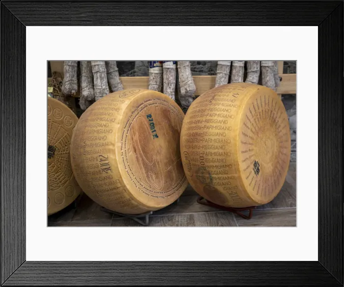 Framed Print : The marked wheels of Parmigiano-Reggiano (Parmesan) cheese. Parma, Emilia Romagna, Italy Framed Print : The marked wheels of Parmigiano-Reggiano (Parmesan) cheese. Parma, Emilia Romagna, Italy