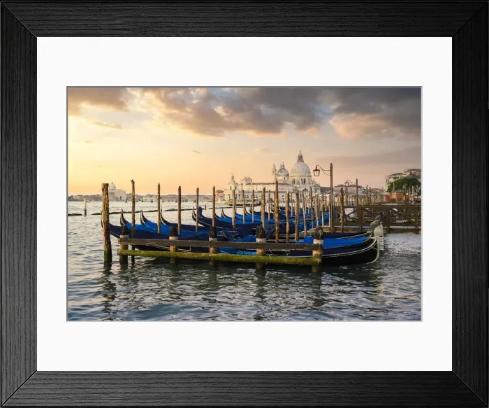 Framed Print : Sunrise in Venice with gondolas and Santa Maria della Salute church on the background Framed Print : Sunrise in Venice with gondolas and Santa Maria della Salute church on the background