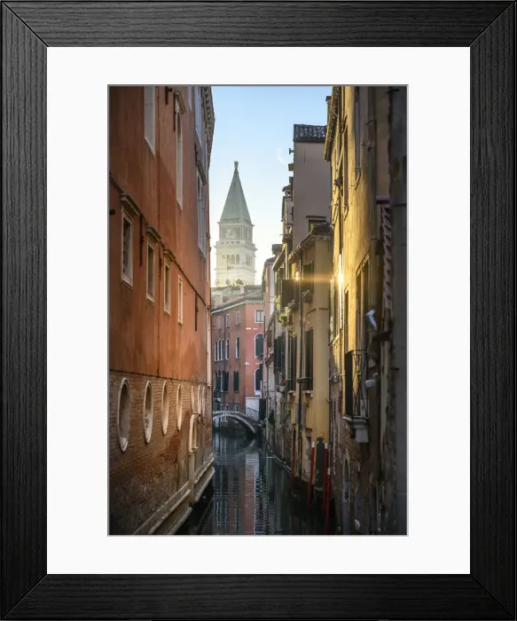Framed Print : St Mark bell tower during sunrise as seen from Ponte dell Ovo. Venice, Veneto, Italy Framed Print : St Mark bell tower during sunrise as seen from Ponte dell Ovo. Venice, Veneto, Italy