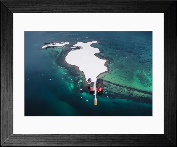 Framed Print : Elevated view of a solitary red house near Svolvaer, Lofoten Islands, Nordland, Norway