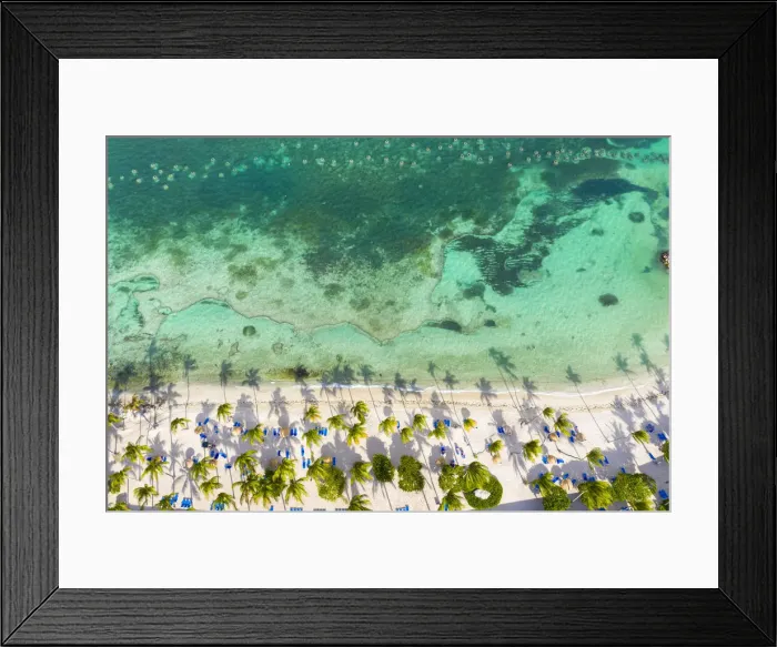 Framed Print : Palm-fringed beach washed by Caribbean Sea from above by drone, St Framed Print : Palm-fringed beach washed by Caribbean Sea from above by drone, St