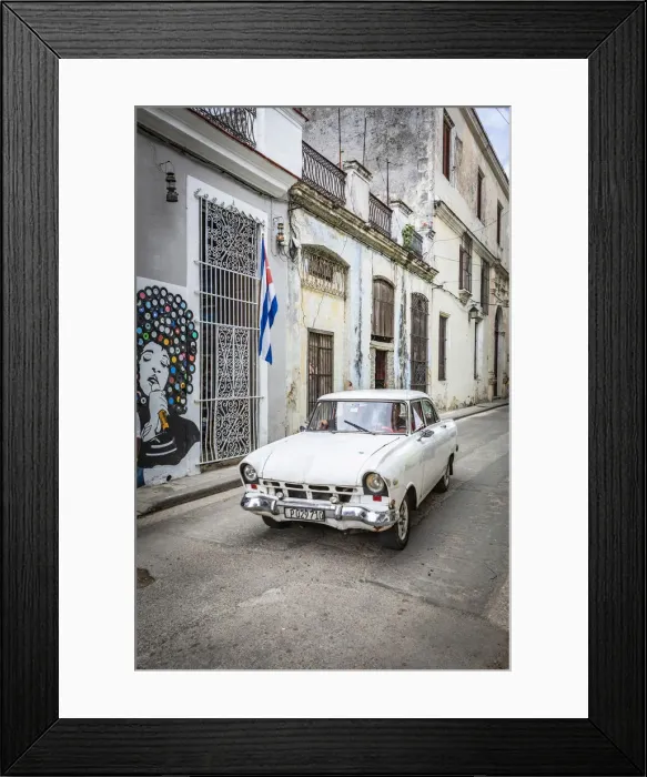 Framed Print : Classic car driving in a narrow street in La Habana Vieja (Old Town), Havana, Cuba
