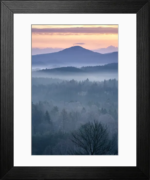 Framed Print : Jedlova mountain in Lusatian mountains rising above fog taken from Krizovy vrch hill Framed Print : Jedlova mountain in Lusatian mountains rising above fog taken from Krizovy vrch hill