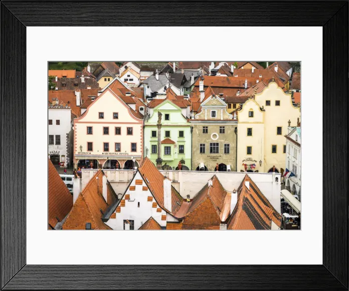 Framed Print : Facades of houses on main square of Cesky Krumlov, South Bohemian Region, Czech Republic Framed Print : Facades of houses on main square of Cesky Krumlov, South Bohemian Region, Czech Republic