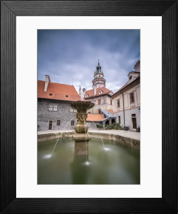 Framed Print : Fountain by State Castle And Chateau Cesky Krumlov tower, UNESCO, Cesky Krumlov, South Bohemian Region, Czech Republic