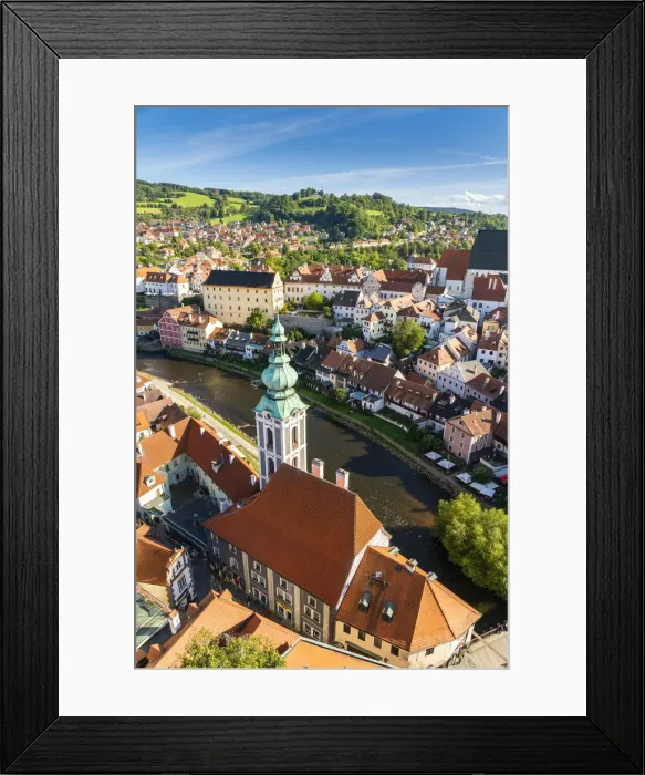 Framed Print : Historic center of Cesky Krumlov and St. Jost Church as seen from the Castle Tower, Cesky Krumlov, South Bohemian Region, Czech Republic Framed Print : Historic center of Cesky Krumlov and St. Jost Church as seen from the Castle Tower, Cesky Krumlov, South Bohemian Region, Czech Republic