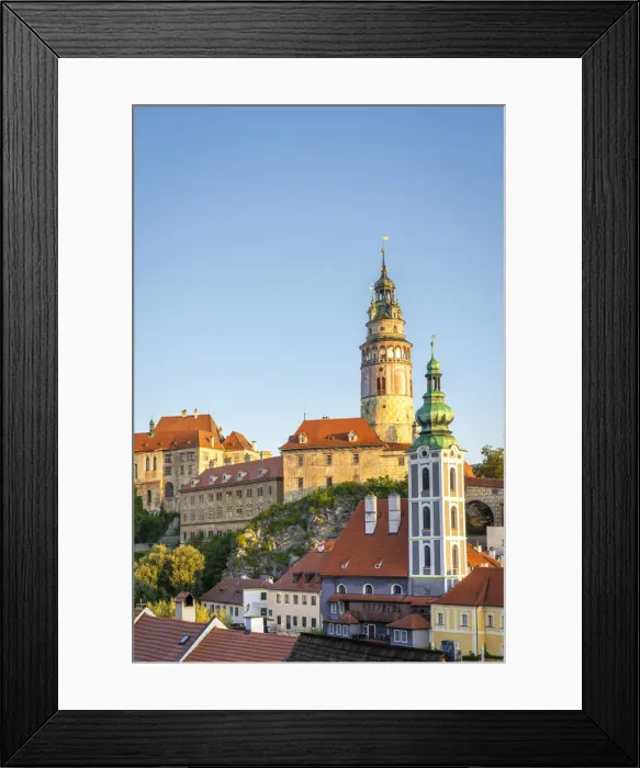 Framed Print : Cesky Krumlov Castle Tower and St. Jost Church at sunrise as seen from Seminar Garden, Cesky Krumlov, South Bohemian Region, Czech Republic Framed Print : Cesky Krumlov Castle Tower and St. Jost Church at sunrise as seen from Seminar Garden, Cesky Krumlov, South Bohemian Region, Czech Republic