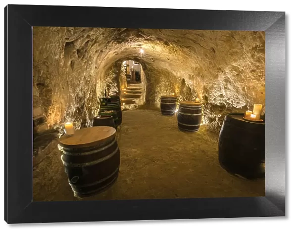Interior of illuminated old wine cellar in Vrbice, Breclav District, South Moravian Region, Moravia, Czech Republic