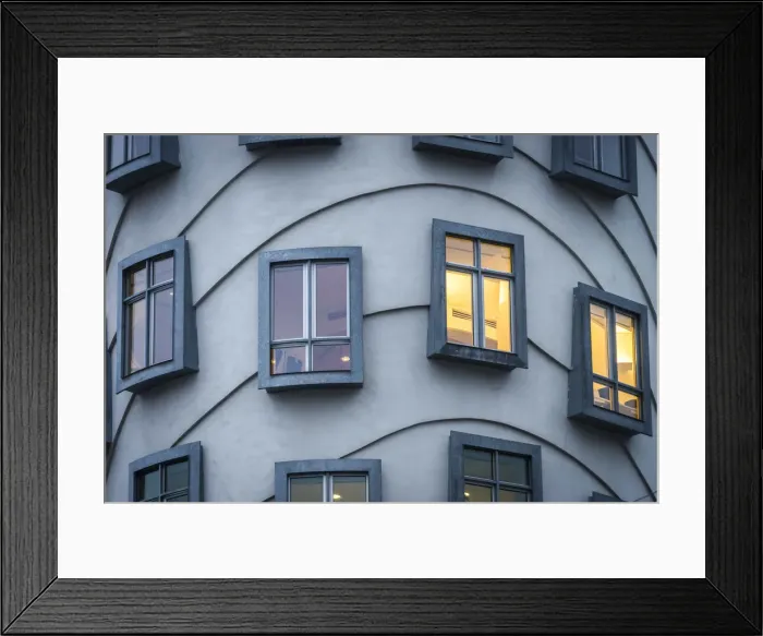 Framed Print : Detail of windows of Dancing House (AKA Fred and Ginger) at dusk, Prague, Bohemia Framed Print : Detail of windows of Dancing House (AKA Fred and Ginger) at dusk, Prague, Bohemia