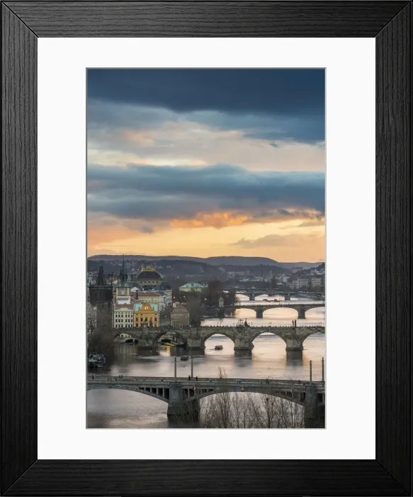 Framed Print : Bridges over Vltava river against sky seen from Letna park at sunset, Prague, Bohemia Framed Print : Bridges over Vltava river against sky seen from Letna park at sunset, Prague, Bohemia