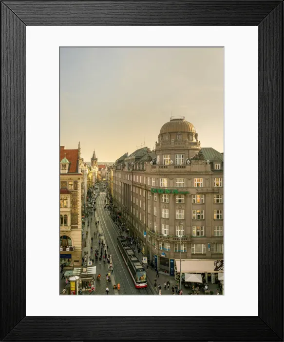 Framed Print : Elevated view of Vodickova street with trams by Wenceslas Square, Prague, Bohemia Framed Print : Elevated view of Vodickova street with trams by Wenceslas Square, Prague, Bohemia