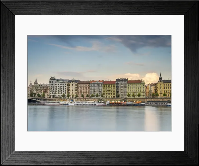 Framed Print : Colorful houses and Dancing House on Vltava riverside at Rasinovo namesti, Prague