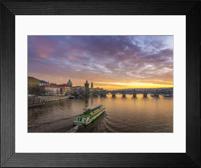 Framed Print : Boat going towards Charles Bridge and Church of Saint Francis of Assisi with Old Town Framed Print : Boat going towards Charles Bridge and Church of Saint Francis of Assisi with Old Town
