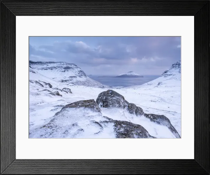 Framed Print : The island of Koltur from the snow covered mountains of Streymoy, Faroe Islands, Denmark Framed Print : The island of Koltur from the snow covered mountains of Streymoy, Faroe Islands, Denmark