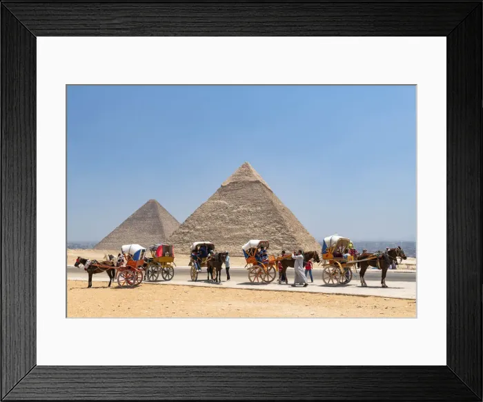 Framed Print : Horse and carridges at the Pyramids of Giza, Giza, Cairo, Egypt