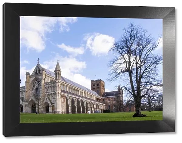 England, Hertfordshire, St. Albans. The exterior of the medival cathedral of St