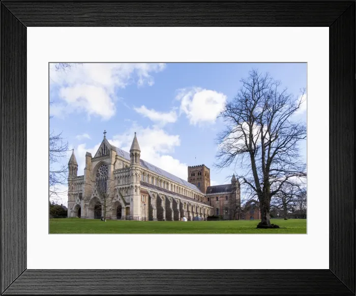 Framed Print : England, Hertfordshire, St. Albans. The exterior of the medival cathedral of St