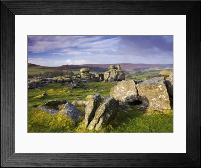 Framed Print : Winter morning sunshine glows on Hound Tor, Dartmoor National Park, Devon, England Framed Print : Winter morning sunshine glows on Hound Tor, Dartmoor National Park, Devon, England
