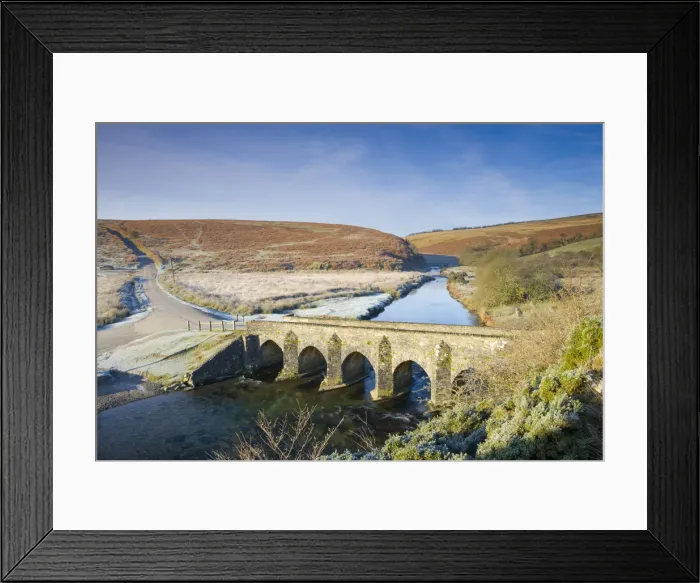 Framed Print : Landacre bridge and frost covered winter moorland, Exmoor National Park, Somerset Framed Print : Landacre bridge and frost covered winter moorland, Exmoor National Park, Somerset