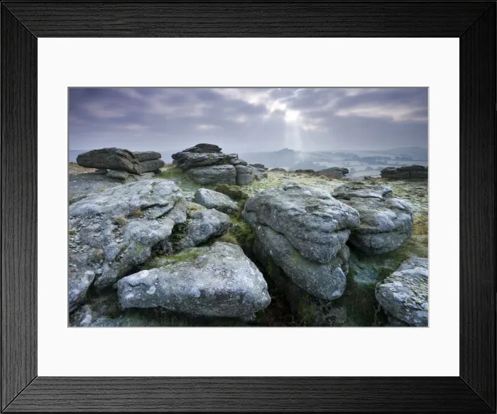 Framed Print : Frosted granite outcrop on Hayne Down, looking towards Hound Tor, Dartmoor National Park Framed Print : Frosted granite outcrop on Hayne Down, looking towards Hound Tor, Dartmoor National Park
