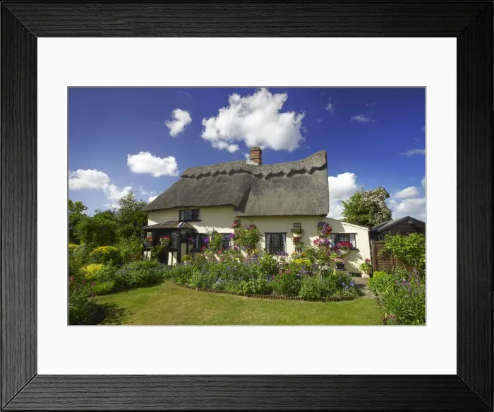 Framed Print : Thatched Cottage & Garden, Suffolk, England Framed Print : Thatched Cottage & Garden, Suffolk, England