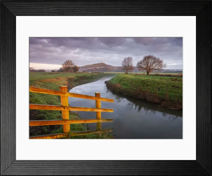 Framed Print : First light on Glastonbury Tor, reflected in the River Brue, Glastonbury, Somerset