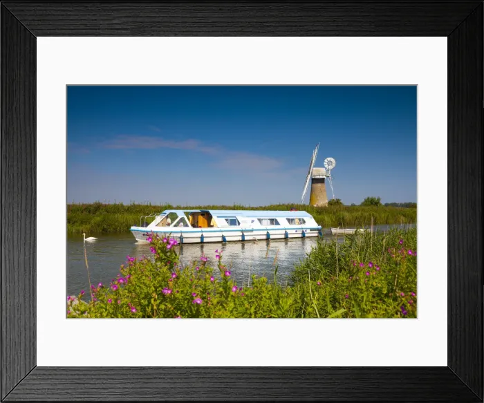 Framed Print : Cruiser on River Thurne with St. Benets Mill, Norfolk Broads National Park Framed Print : Cruiser on River Thurne with St. Benets Mill, Norfolk Broads National Park