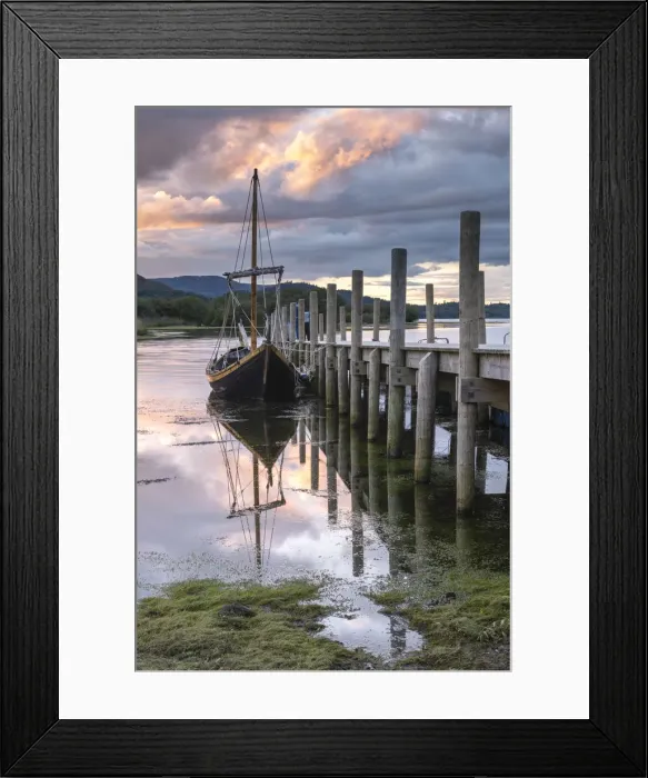 Framed Print : Boat and jetty at sunset on Derwent Water, Lake District, Cumbria, England Framed Print : Boat and jetty at sunset on Derwent Water, Lake District, Cumbria, England