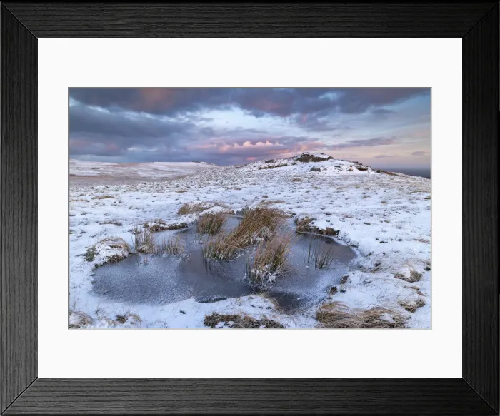 Framed Print : Dawn sky over frozen pool on moorland near East Mill Tor, Dartmoor, Devon, England Framed Print : Dawn sky over frozen pool on moorland near East Mill Tor, Dartmoor, Devon, England