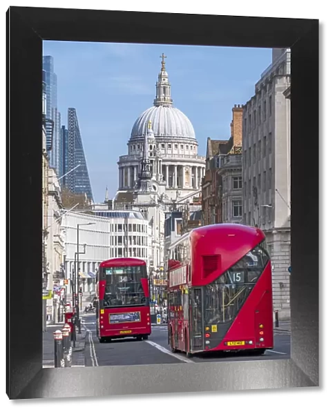 United Kingdom, England, London, City of London. Red London double-decker buses on Fleet