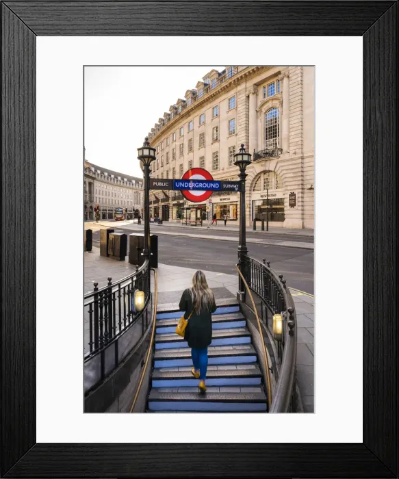 Framed Print : Woman walking out the tube on to Regents Street, london, England, UK Framed Print : Woman walking out the tube on to Regents Street, london, England, UK