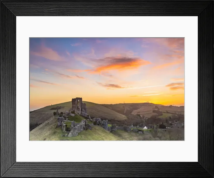 Framed Print : Corfe Castle at sunrise, Corfe, Dorset, England, UK Framed Print : Corfe Castle at sunrise, Corfe, Dorset, England, UK