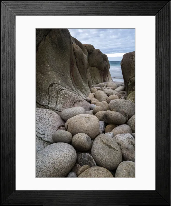 Framed Print : Granite boulders in a tiny Cornish cove, Porth Nanven, Cornwall, England. Autumn Framed Print : Granite boulders in a tiny Cornish cove, Porth Nanven, Cornwall, England. Autumn