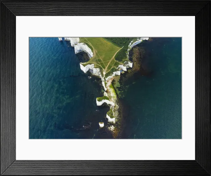 Framed Print : Aerial view of Old Harry Rocks, Jurassic coast, Swanage, Isle of Purbeck, Dorset, England