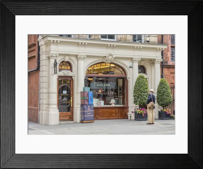 Framed Print : Man looking in upmarket shop on Mount street, Mayfair, London, England, Uk