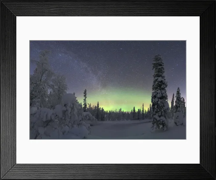 Framed Print : Northern lights over the frozen trees of Lapland in winter, Akaslompolo Framed Print : Northern lights over the frozen trees of Lapland in winter, Akaslompolo