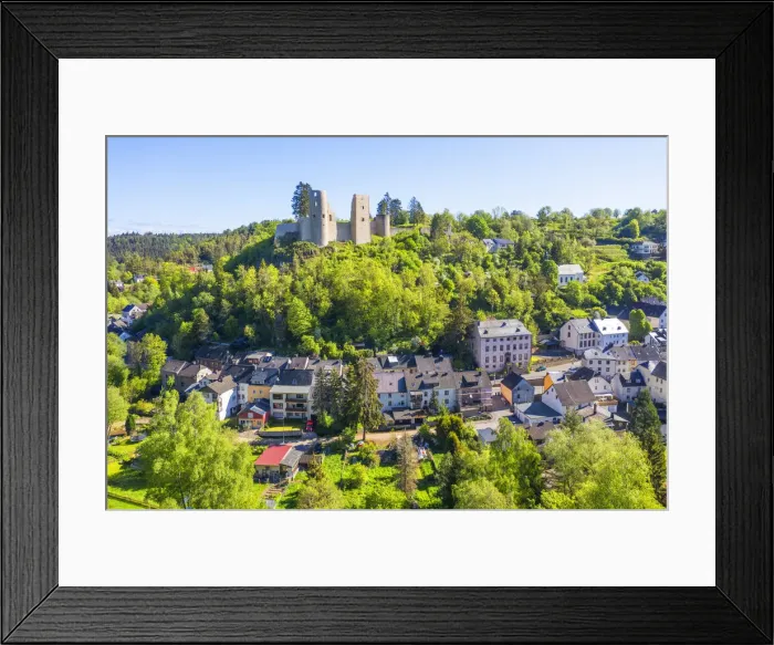 Framed Print : Aerial view on Schonecken with castle, Eifel, Rhineland-Palatinate, Germany Framed Print : Aerial view on Schonecken with castle, Eifel, Rhineland-Palatinate, Germany