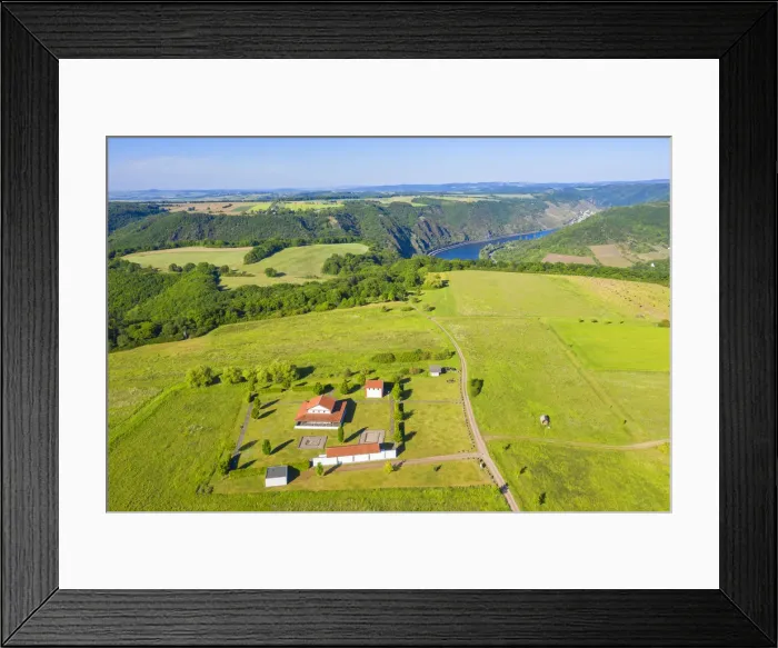 Framed Print : Aerial view on the reconstructed roman temples on Martberg near Pommern, Mosel valley Framed Print : Aerial view on the reconstructed roman temples on Martberg near Pommern, Mosel valley