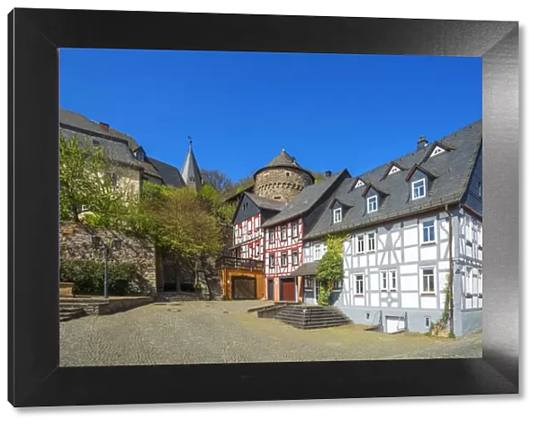 Half-timbered houses with Schinderhannes tower at Herrstein, Hunsruck, Rhineland-Palatinate, Germany