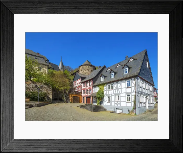 Framed Print : Half-timbered houses with Schinderhannes tower at Herrstein, Hunsruck, Rhineland-Palatinate, Germany