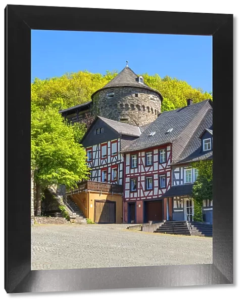 Half-timbered houses with Schinderhannes tower at Herrstein, Hunsruck, Rhineland-Palatinate, Germany