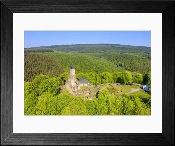 Framed Print : Aerial view on Grimburg castle near Kell am See, Hunsruck, Rhineland-Palatinate, Germany Framed Print : Aerial view on Grimburg castle near Kell am See, Hunsruck, Rhineland-Palatinate, Germany