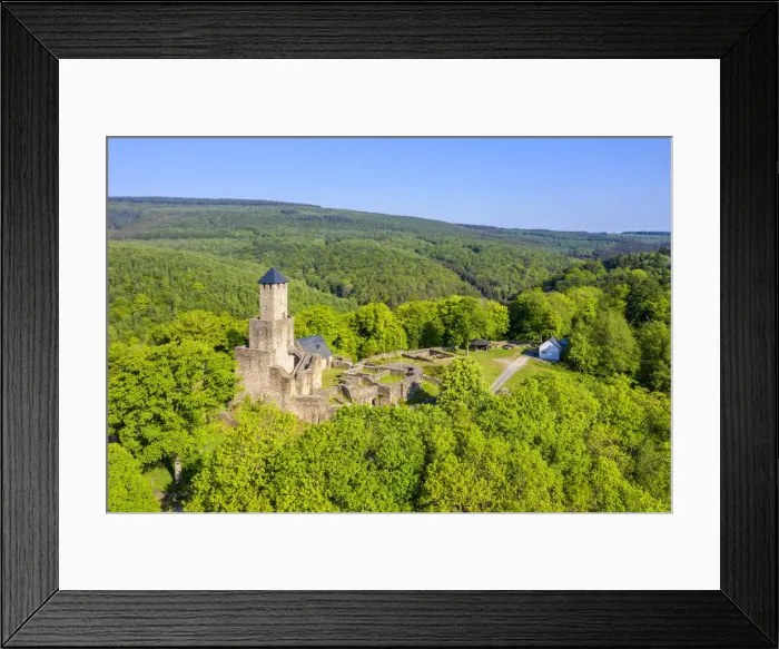 Framed Print : Aerial view on Grimburg castle near Kell am See, Hunsruck, Rhineland-Palatinate, Germany Framed Print : Aerial view on Grimburg castle near Kell am See, Hunsruck, Rhineland-Palatinate, Germany