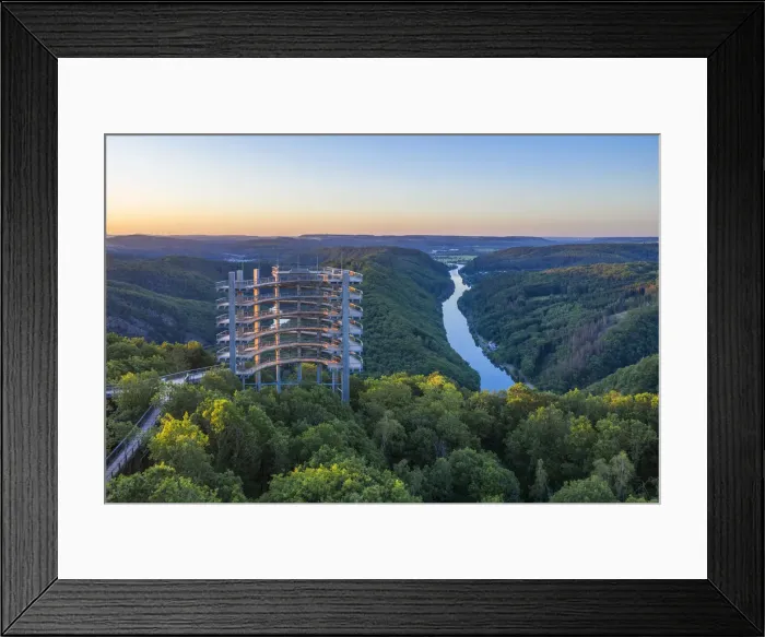 Framed Print : Aerial view on the sunrise above the Baumwipfelpfad, treetop walk at the Grand Saar Framed Print : Aerial view on the sunrise above the Baumwipfelpfad, treetop walk at the Grand Saar