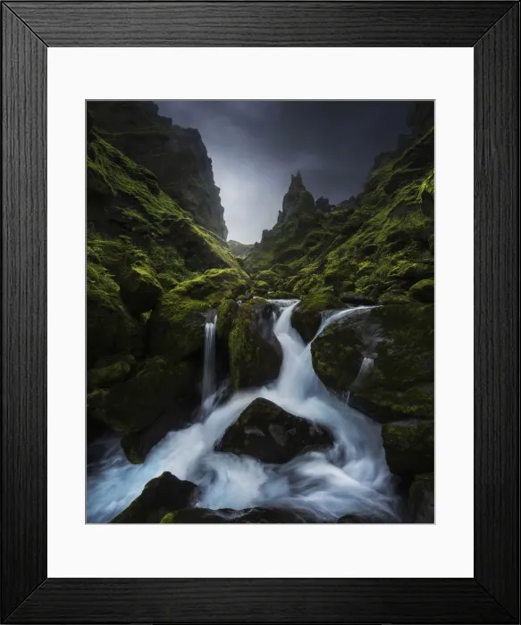 Framed Print : A small stream running through a lush green canyon in summer, Southern Iceland Framed Print : A small stream running through a lush green canyon in summer, Southern Iceland
