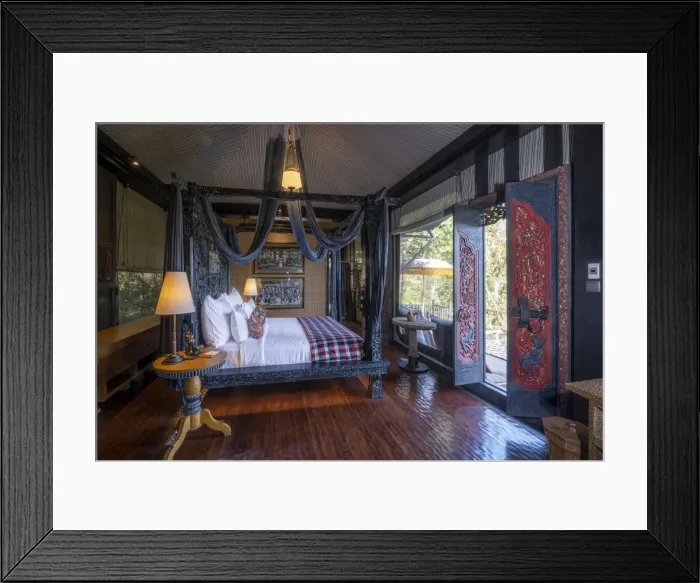 Framed Print : Indonesia, Bali, Ubud, Capella resort. Interior of one of the bedrooms Framed Print : Indonesia, Bali, Ubud, Capella resort. Interior of one of the bedrooms